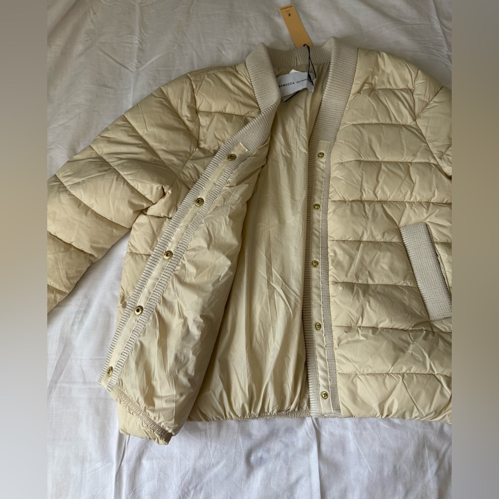Women's NWT Rebecca Minkoff Beige Water Repellent Puffer Coat Size L Orig $328 - Picture 7 of 13